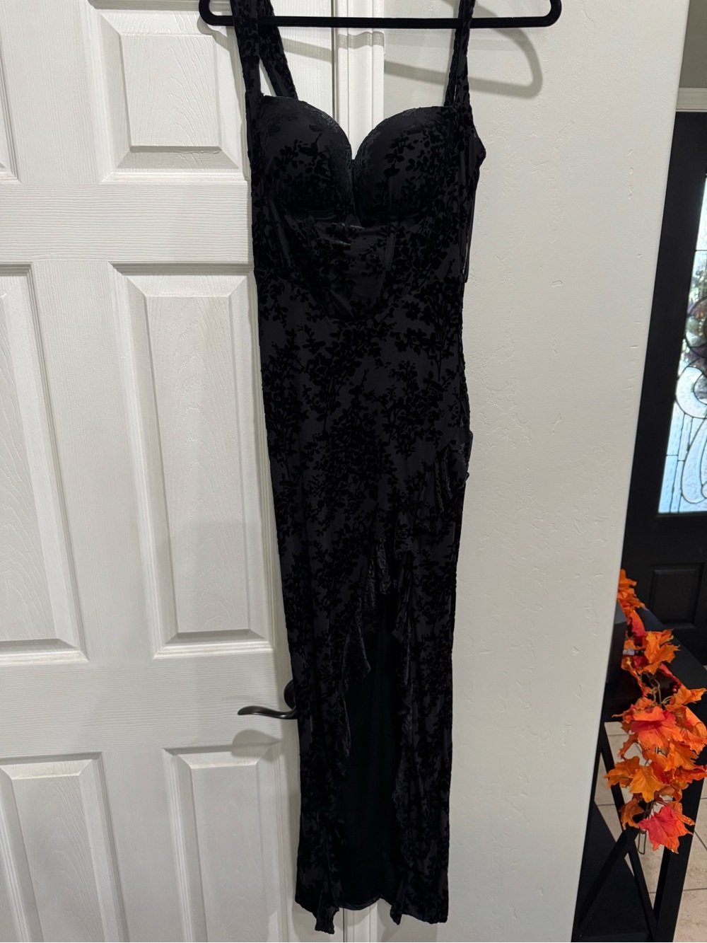 Windsor Black Velvet Floral Lace Long Slip Dress with Built-In Cups